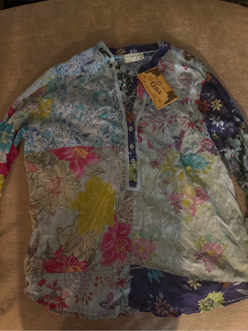 Vintage Multicolor Floral Patchwork Long Sleeve Tunic